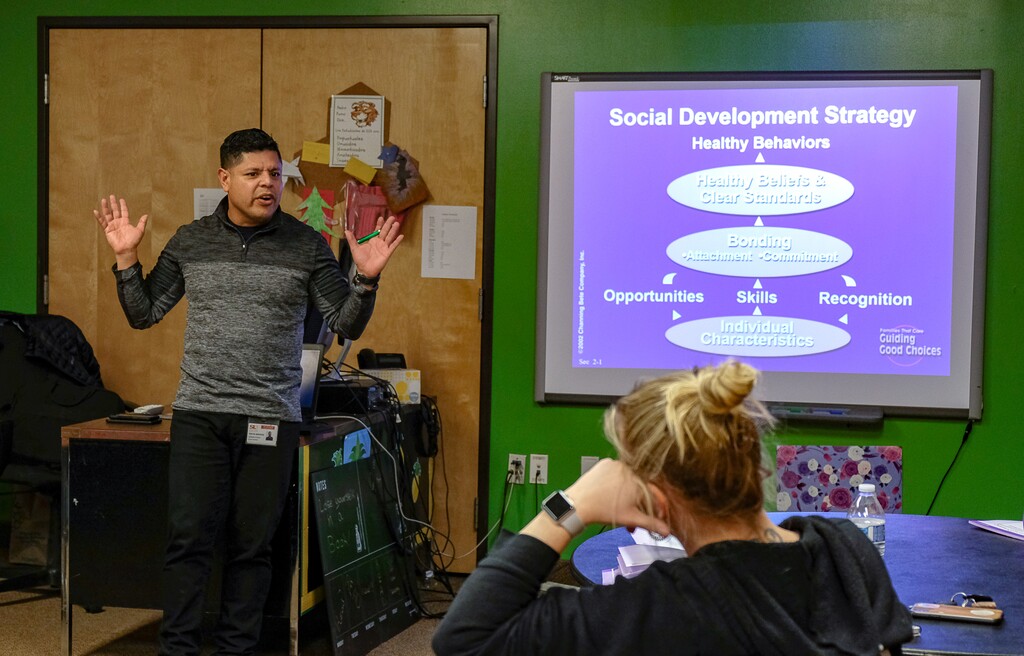 (Francisco Kjolseth  |  The Salt Lake Tribune) German Ochoa, youth worker with Salt Lake County Youth Services, teaches a Guiding Good Choices class at Dual Immersion Academy in Salt Lake City on Wednesday, Feb. 26, 2020.