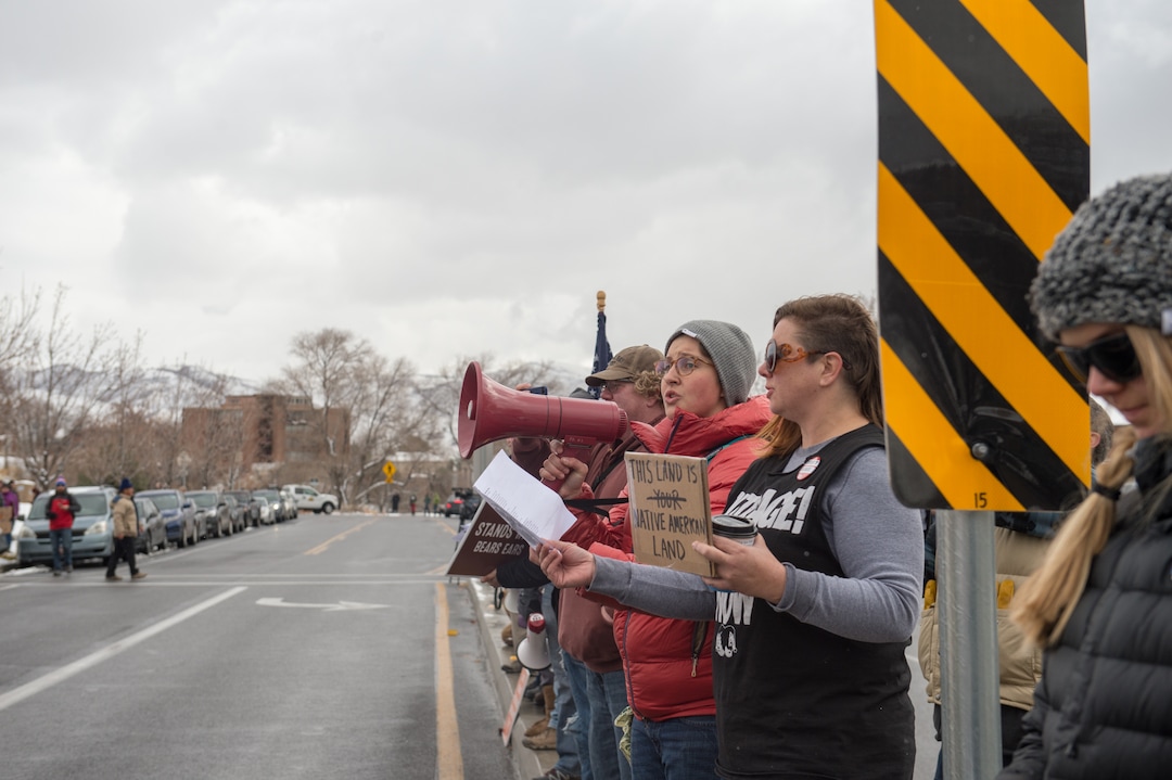 (Rachel Molenda  |  The Salt Lake Tribune)  Protesters gathered on Monday, December 4, 2017. to protest President Donald Trump's plan to shrink Bears Ears and Grand Staircase-Escalante national monuments.