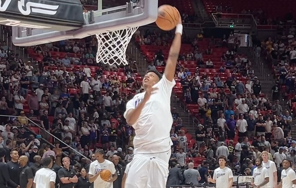 Ace Bailey drives to the rim in warmups for his first summer league game (Andy Larsen | The Salt Lake Tribune).