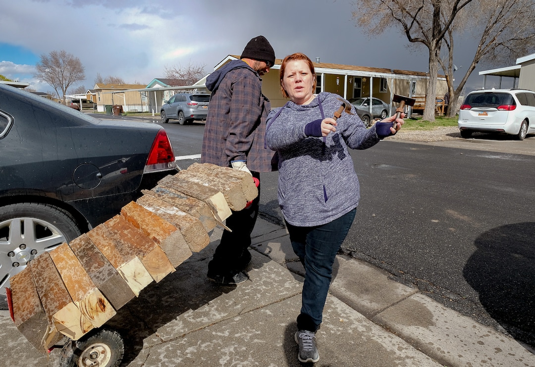 (Francisco Kjolseth  |  The Salt Lake Tribune) Celeste Tunno, a resident of the Western Estates mobile home park in Magna talks about some of the damage sustained to her home following last week's earthquake on Monday, March 23, 2020, as her husband Antonio risks shoring up their home with wood blocks despite continued aftershocks.
