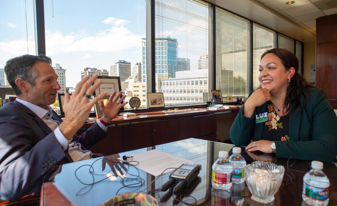 (Rick Egan  |  The Salt Lake Tribune)    Derek Miller, the president and CEO of the Salt Lake Chamber and Downtown Alliance interviews Salt Lake City Mayoral candidate, Luz Escamilla in his office, Monday, Sept. 30, 2019.
