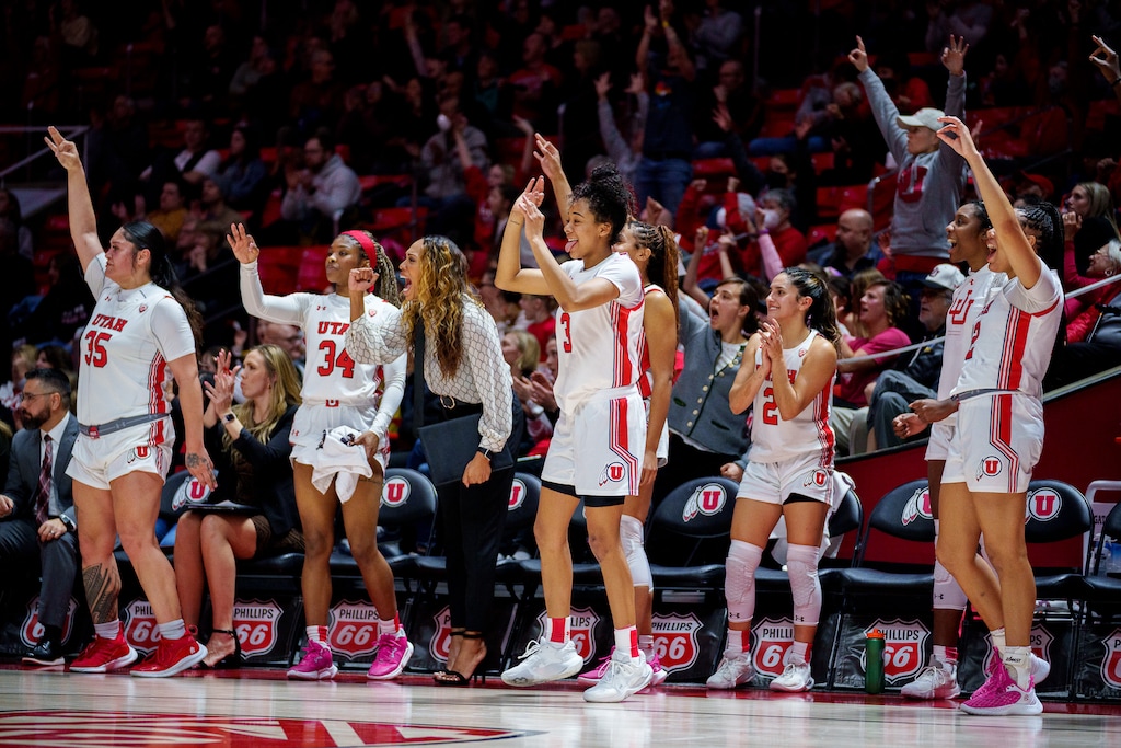 (Trent Nelson  |  The Salt Lake Tribune) The Utah bench celebrates a three-pointer as Utah hosts Washington, NCAA basketball in Salt Lake City on Friday, Feb. 10, 2023.