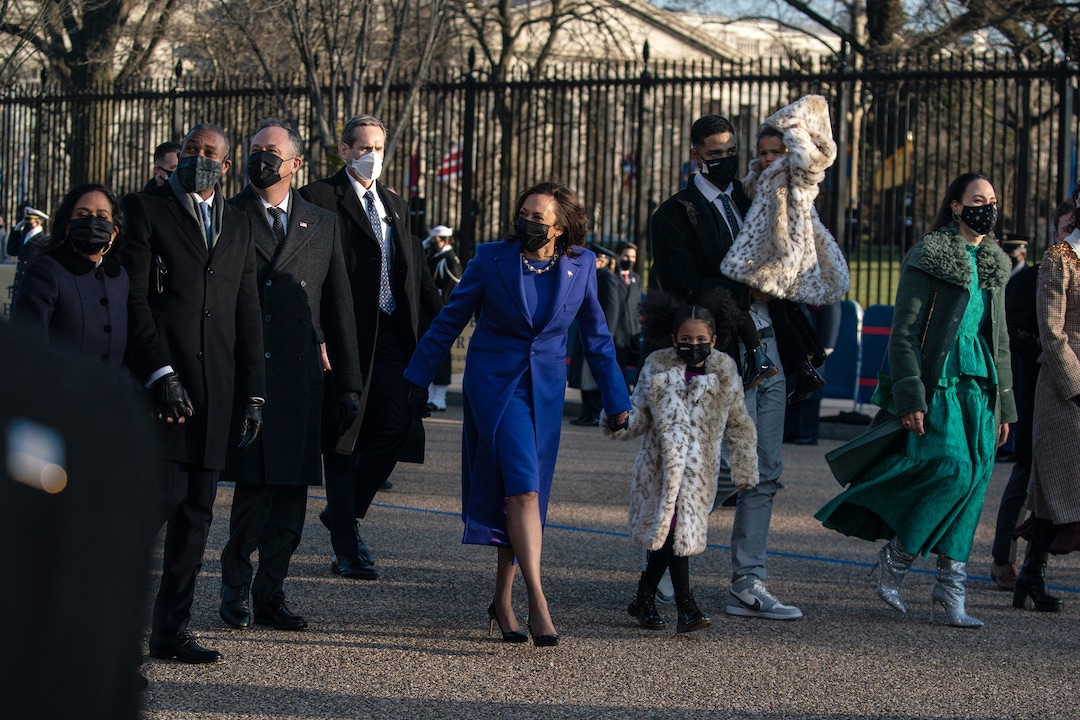 Vice President Kamala Harris and members of her family walk to the White House in Washington during Inauguration Day ceremonies on Wednesday, Jan. 20, 2021. (Todd Heisler/The New York Times)