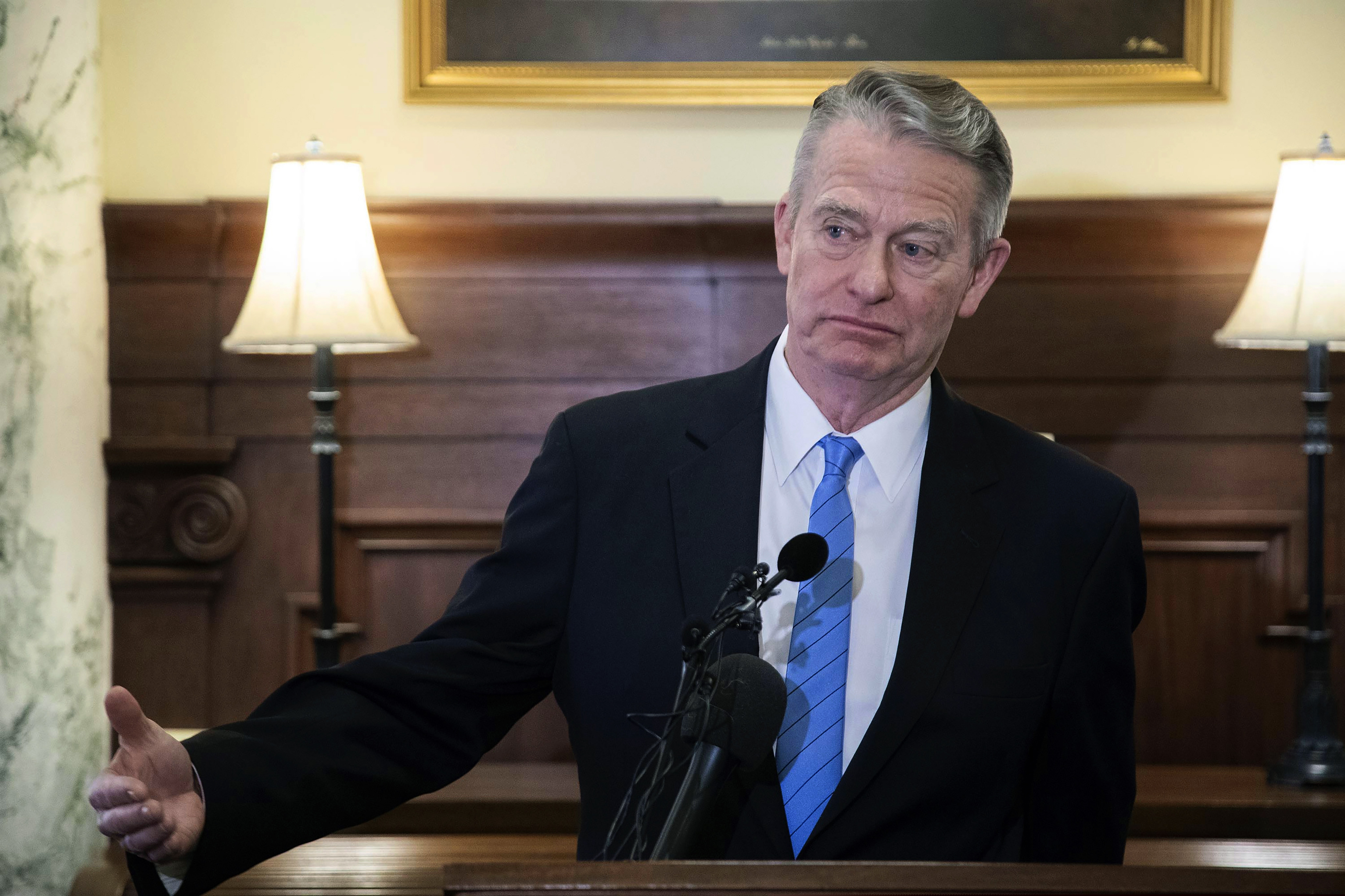 (Darin Oswald | Idaho Statesman via AP, File)
In this March 13 photo, Idaho Gov. Brad Little speaks at a news conference at his Statehouse office in Boise, Idaho. Idaho residents have been successful at reducing infections and deaths because of the coronavirus, and it’s time to start restoring normal activity, Gov. Brad Little said Thursday, April 30, 2020.