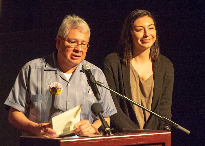 (Rick Egan  |  The Salt Lake Tribune)      Marcus Sierra speaks at the memorial service for his uncle, Robert "Archie" Archuleta, along with his daughter Ariel, at the Rose Wagner Theatre, Saturday, March 2, 2019.


