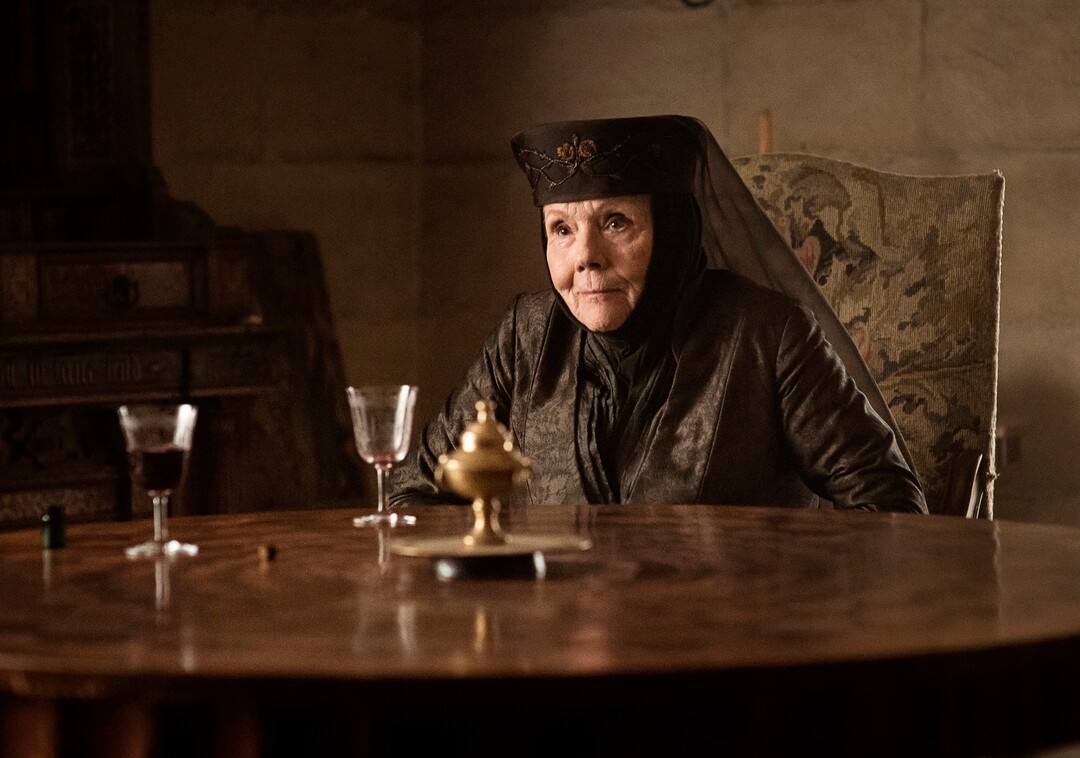 This image released by HBO shows Diana Rigg as Olenna Tyrell in a scene from "Game of Thrones." The final season premieres on Sunday. (HBO via AP)