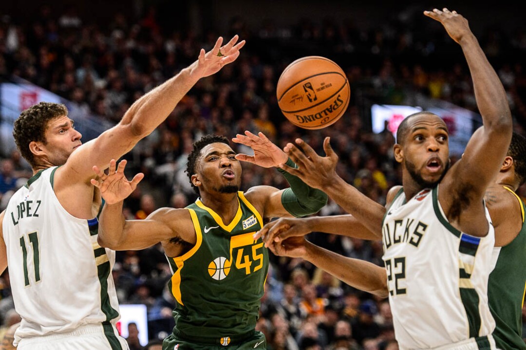 (Trent Nelson | The Salt Lake Tribune)  Utah Jazz guard Donovan Mitchell (45) passes the ball as the Utah Jazz host the Milwaukee Bucks, NBA basketball in Salt Lake City on Saturday March 2, 2019.