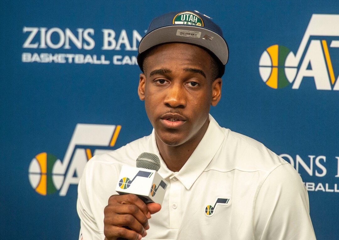 (Rick Egan  |  The Salt Lake Tribune)   Utah Jazz draft pick Miye Oni, answers a question during a news conference at the Zions Bank Basketball Campus, Thursday, June 27, 2019.