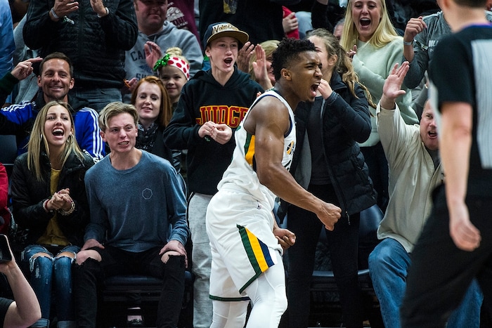 (Chris Detrick  |  The Salt Lake Tribune)  Utah Jazz guard Donovan Mitchell (45) celebrates after being fouled and still making the basket during the game at Vivint Smart Home Arena Friday, December 1, 2017.  Utah Jazz defeated New Orleans Pelicans 114-108.
