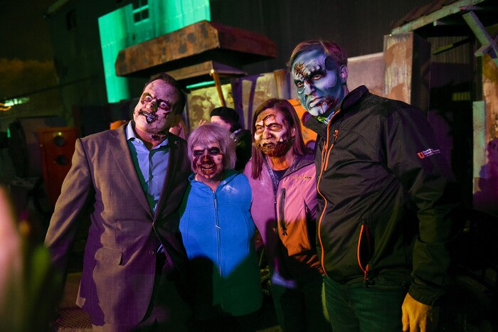 (Francisco Kjolseth  |  The Salt Lake Tribune)  Utah House Speaker Greg Hughes, State Senator Karen Mayne Salt Lake County Councilmember Jenny Wilson and Salt Lake County Mayor Ben transform themselves as local politicians fall prey to the zombie apocalypse at the Fear Factory on Thursday, Oct. 12, 2017, for a special event to raise awareness of the Utah Food Bank and kick start donations. 