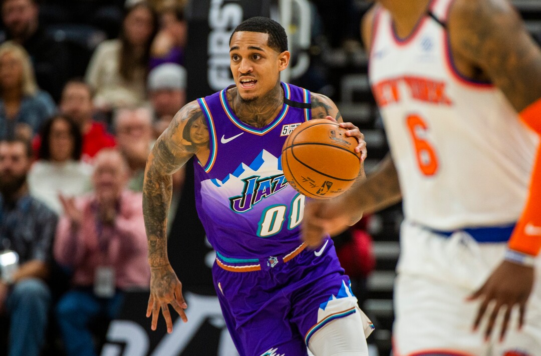 (Rick Egan  |  The Salt Lake Tribune)  Utah guard Jordan Clarkson (00) leads a fast break for the Jazz, in NBA action between the Utah Jazz and the New York Knicks, in Salt Lake City, Wednesday, Jan. 8, 2020.