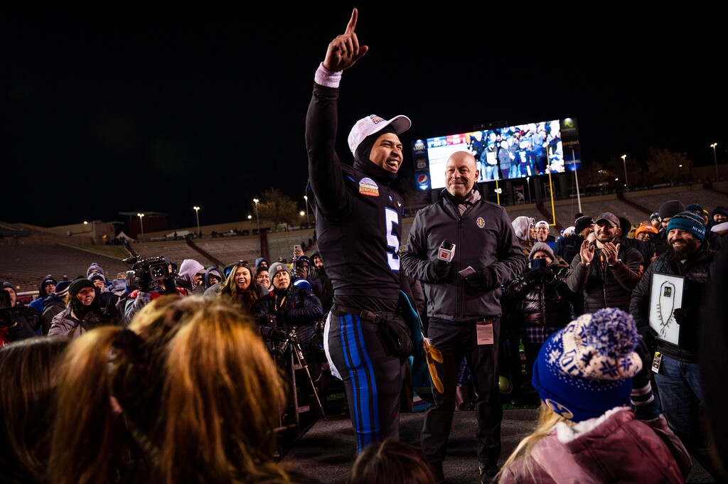 (Chancey Bush | The Albuquerque Journal via AP) BYU quarterback Sol-Jay Maiava-Peters (5) reacts to the crowd as team wins the title at the New Mexico Bowl NCAA college football game against SMU in Albuquerque, N.M., Saturday, Dec. 17, 2022.