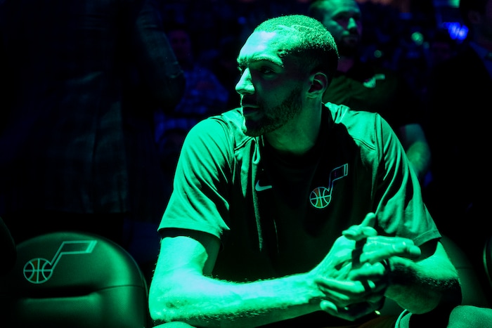 (Chris Detrick  |  The Salt Lake Tribune)  Utah Jazz center Rudy Gobert (27) waits to be introduced before the game at Vivint Smart Home Arena Thursday, March 15, 2018.