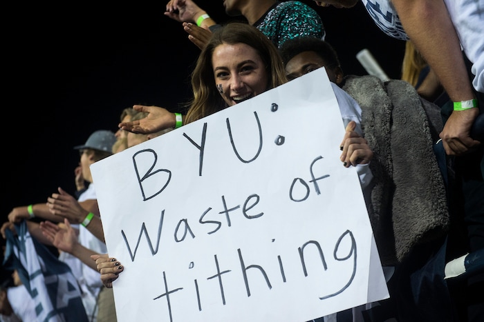 (Chris Detrick  |  The Salt Lake Tribune)  Utah State Aggies fans during the game at Merlin Olsen Field at Maverik Stadium Friday, September 29, 2017. Utah State Aggies defeated Brigham Young Cougars 40-24.