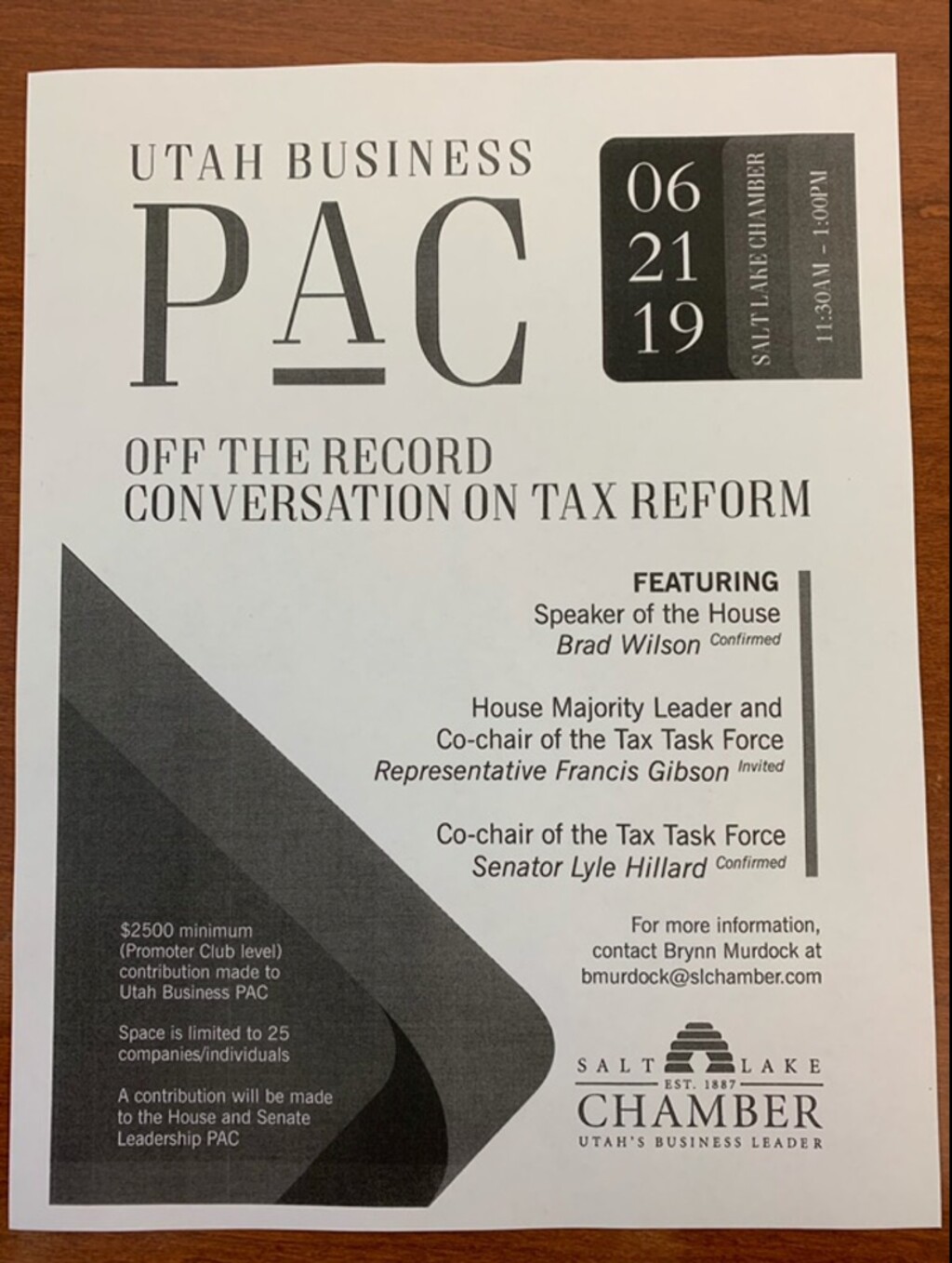 (Photo courtesy Alliance for a Better Utah) This flyer, distributed by the Salt Lake Chamber, invited business leaders to an "off-the-record conversation" with lawmakers about proposed changes to Utah's tax system. The session was later canceled, and lawmakers said they weren't aware the event was a fundraiser for the chamber's Utah Business PAC.