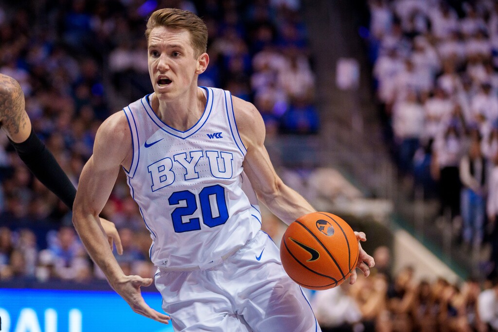 (Trent Nelson | The Salt Lake Tribune) Brigham Young Cougars guard Spencer Johnson (20) as BYU hosts Gonzaga, NCAA basketball in Provo on Thursday, Jan. 12, 2023.