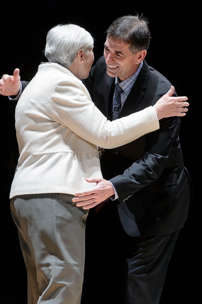 Trent Nelson  |  The Salt Lake Tribune
John Stockton embraces Gail Miller as the Utah Jazz celebrate the 20th anniversary of the franchise's first Western Conference Championship and honor members of the 1996-1997 squad, in Salt Lake City, Wednesday March 22, 2017.