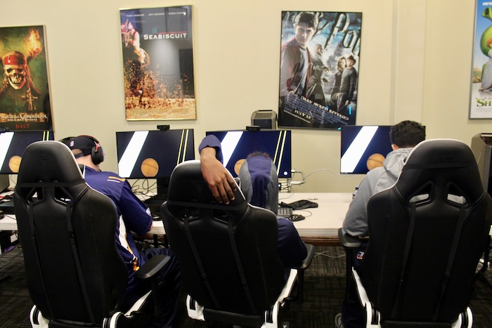 (Christopher Kamrani | The Salt Lake Tribune) Left to right: Michael Stam, Jaishon Scott and Malik Leisinger at a Jazz Gaming team practice on Thursday, May 17, 2018, at the Valley Fair Mall in West Valley City.