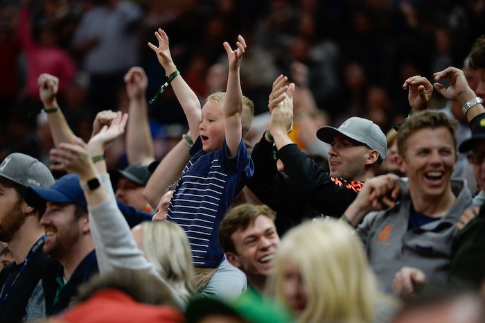 (Francisco Kjolseth  |  The Salt Lake Tribune)  The Jazz fans cheer rise up for shirts as the Utah Jazz host the Denver Nuggets in their NBA game at Vivint Smart Home Arena Tuesday, April 9, 2019, in Salt Lake City.