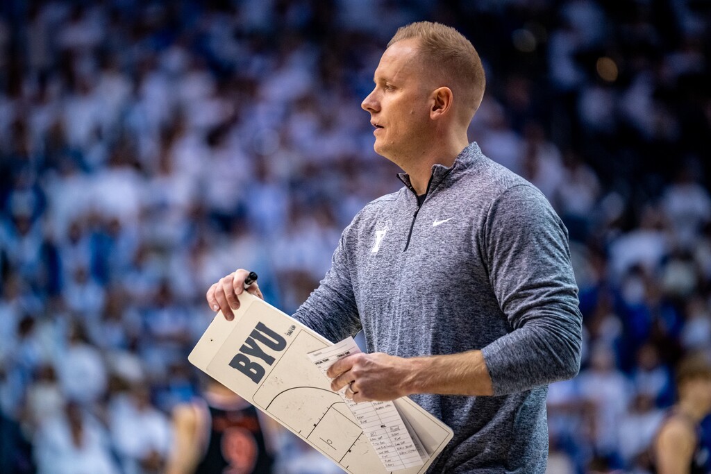 (Trent Nelson  |  The Salt Lake Tribune) BYU Cougars head coach Kevin Young as BYU hosts Pacific, NCAA basketball in Provo on Tuesday, Dec. 16, 2025.