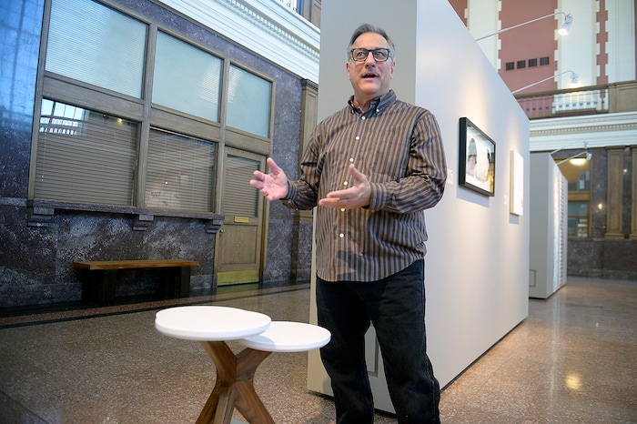 (Chris Samuels | The Salt Lake Tribune) David Evett shows his Lily Table design at a showcase for Utah Design Arts at the Rio Grande Depot in Salt Lake City, Sept. 12, 2019.