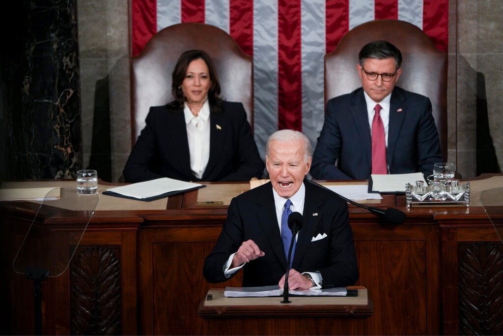 (Maansi Srivastava | The New York Times) President Joe Biden delivers the State of the Union address to a joint session of Congress at the U.S. Capitol in Washington, on March 7, 2024.