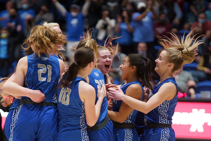 (Trent Nelson  |  The Salt Lake Tribune) Fremont players celebrate after defeating Herriman High School in the 6A girls basketball state championship game, in Taylorsville on Saturday, March 6, 2021.