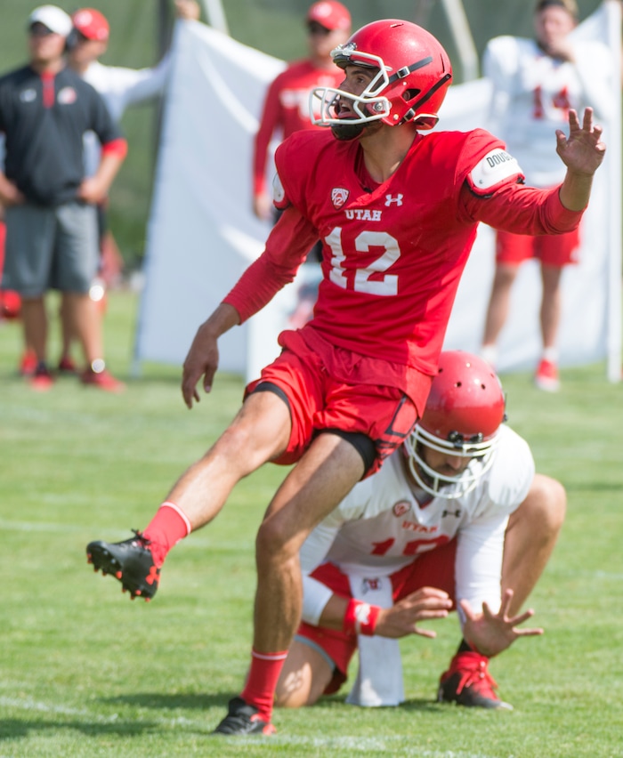 (Rick Egan  |  The Salt Lake Tribune)Utah kicker Chayden Johnston, attempts a field goal, during practice, Monday, August 7, 2017.