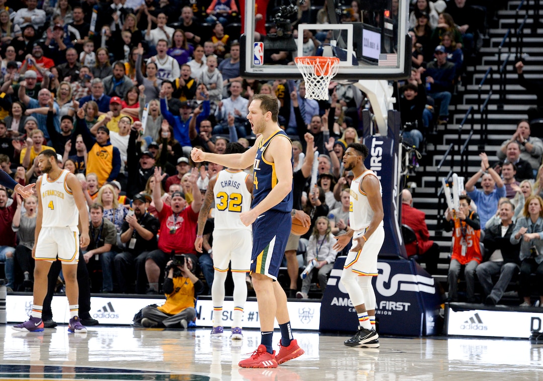 (Leah Hogsten  |  The Salt Lake Tribune) Utah Jazz forward Bojan Bogdanovic (44) reacts to getting fouled as the Utah Jazz defeated the Golden State Warriors, 114-106, Dec. 13, 2019 at Vivint Arena.