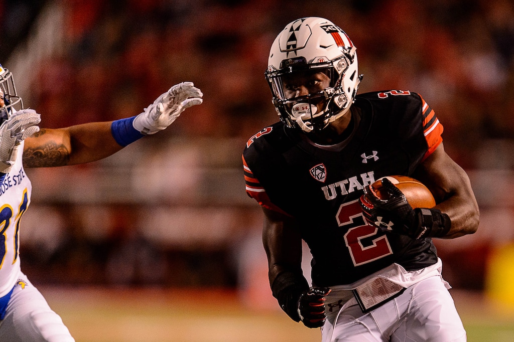 (Trent Nelson | The Salt Lake Tribune)  Utah Utes running back Zack Moss (2) runs the ball as the Utah Utes host the San Jose State Spartans, NCAA football at Rice-Eccles Stadium in Salt Lake City, Saturday September 16, 2017.