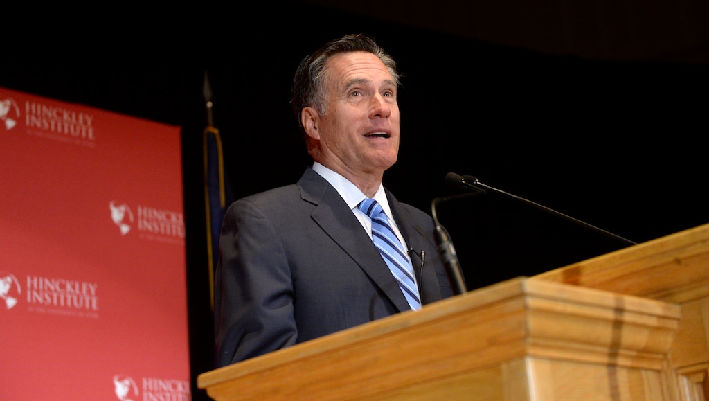 (Al Hartmann  |  The Salt Lake Tribune)
Former presidential candidate Mitt Romney makes a speech about the state of the 2016 presidential race and Donald Trump at the Hinckley Institute of Politics at the University of Utah on Thursday, March 3, 2016.