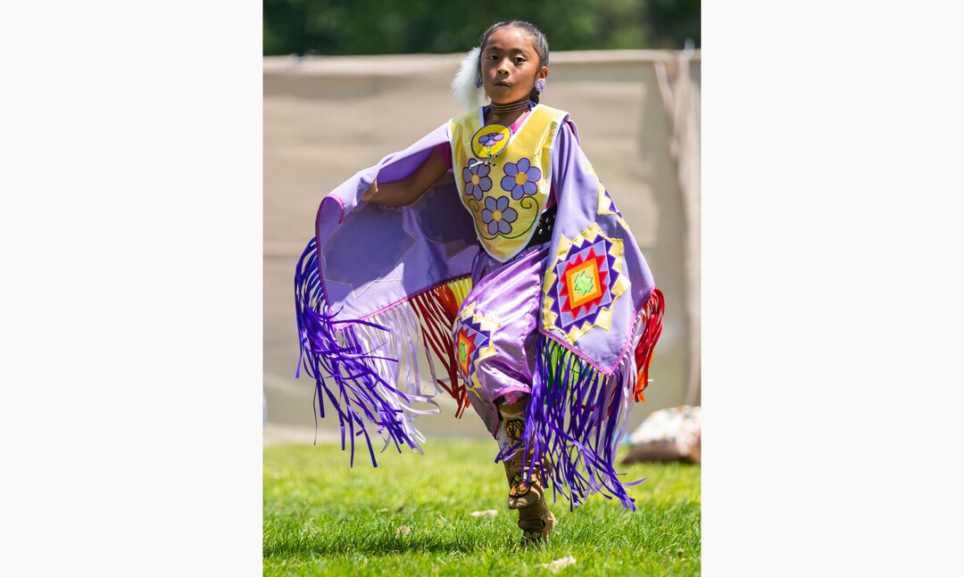 (Rick Egan | The Salt Lake Tribune)  Jorja Taveavont 8, dances at the Native American celebration and Powwow at Liberty Park, on Friday, July 23, 2021.