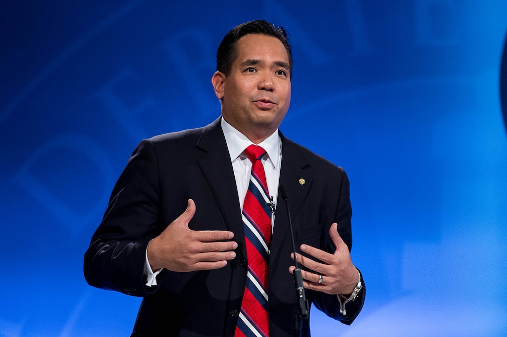 (Trent Nelson  |  Tribune file photo)
Sean Reyes speaks during his debate with Charles Stormont, as the Utah Attorney General hopefuls meet at KBYU Studios in Provo, Wednesday, Oct. 1, 2014.