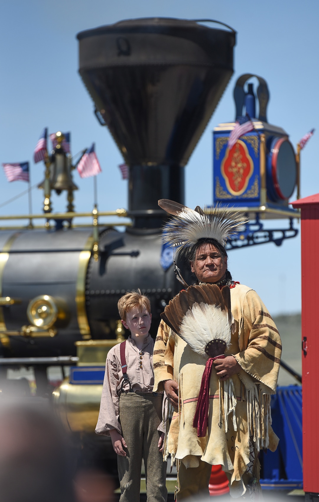 (Francisco Kjolseth  |  The Salt Lake Tribune)  Nino Reyos a Ute and Pueblo Indian represents the Native American Indian that was displaced by the building of the railroad on Friday May 10, 2019, during the 150th anniversary of the completion of the transcontinental railroad at Promontory Summit where the two rails met back on May 10, 1869.