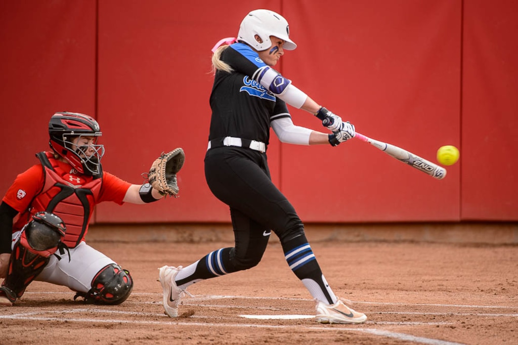 (Trent Nelson | The Salt Lake Tribune)  Utah Utes host the BYU Cougars, NCAA softball in Salt Lake City, Wednesday April 18, 2018. BYU's Rylee Jensen.