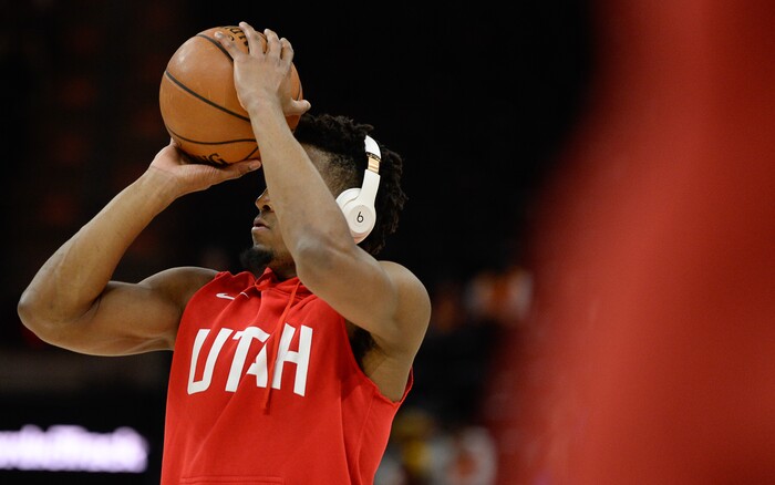 (Francisco Kjolseth  |  The Salt Lake Tribune)  Utah Jazz guard Donovan Mitchell (45) warms up before the Sacramento Kings NBA game at Vivint Smart Home Arena Wed., Nov. 21, 2018, in Salt Lake City.