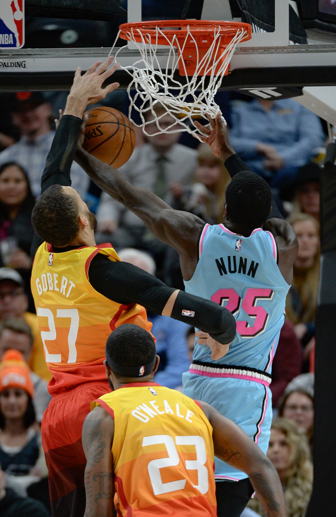(Francisco Kjolseth  |  The Salt Lake Tribune) Utah Jazz center Rudy Gobert (27) puts the block on Miami Heat guard Kendrick Nunn (25) as the Utah Jazz host the Miami Heat in their NBA basketball game at Vivint Smart Home Arena in Salt Lake City on Wednesday, Feb. 12, 2020.