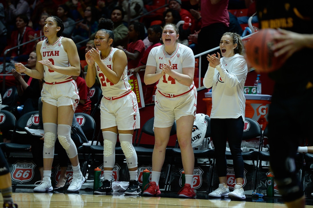 (Francisco Kjolseth  |  The Salt Lake Tribune) The Utah bench cheers on their teammates in Utes' Pac-12 home opener at the Jon M Huntsman Center on Friday, Jan. 4, 2019 against the Arizona State Sun Devils. 