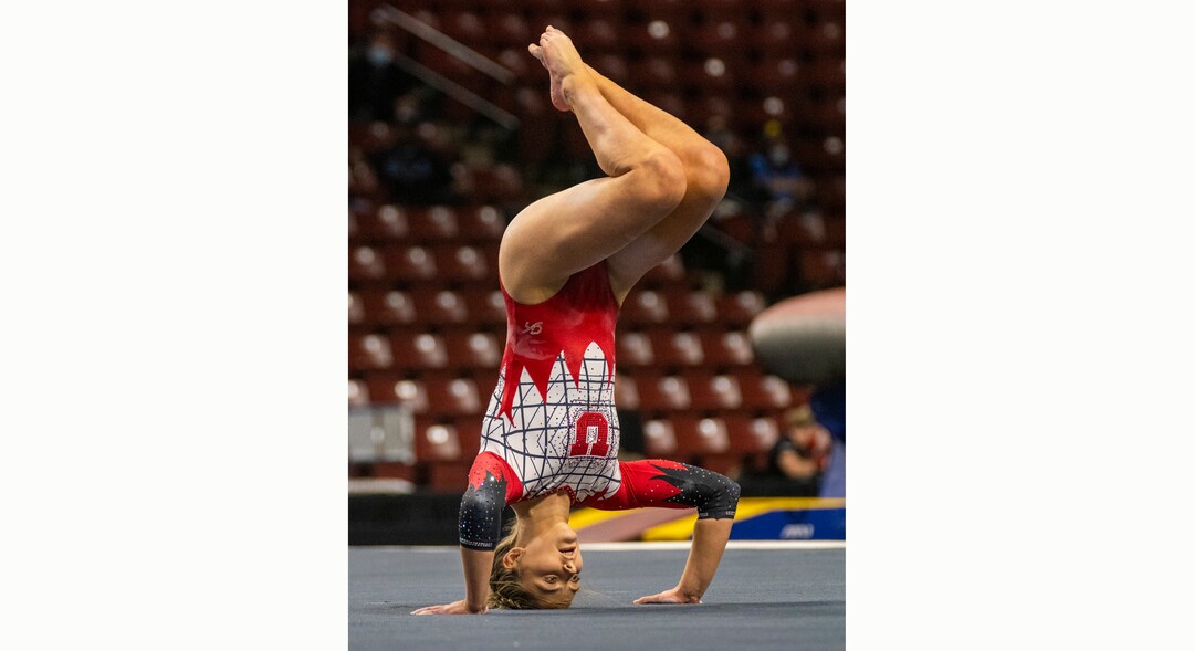 (Rick Egan | The Salt Lake Tribune) Lucy Stanhope competes on the floor for Utah in the PAC-12 Gymnastics Championship tournament at the Maverik Center, on Saturday, March 20, 2021.
