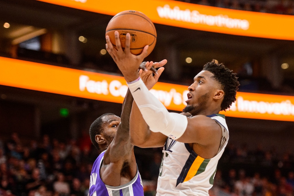 (Trent Nelson  |  The Salt Lake Tribune) Utah Jazz guard Donovan Mitchell (45) as the Utah Jazz hosts the Sacramento Kings, NBA basketball in Salt Lake City on Monday Oct. 14, 2019.