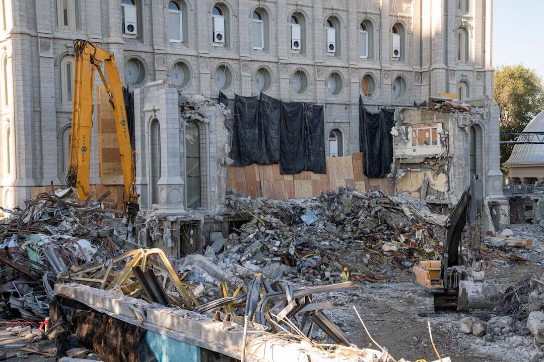 (Photo courtesy The Church of Jesus Christ of Latter-day Saints) The 1960s construction of the sealing addition, chapel and north entrance are dismantled as part of the seismic upgrade of the Salt Lake Temple. The sealing addition will be rebuilt once upgrades are completed.