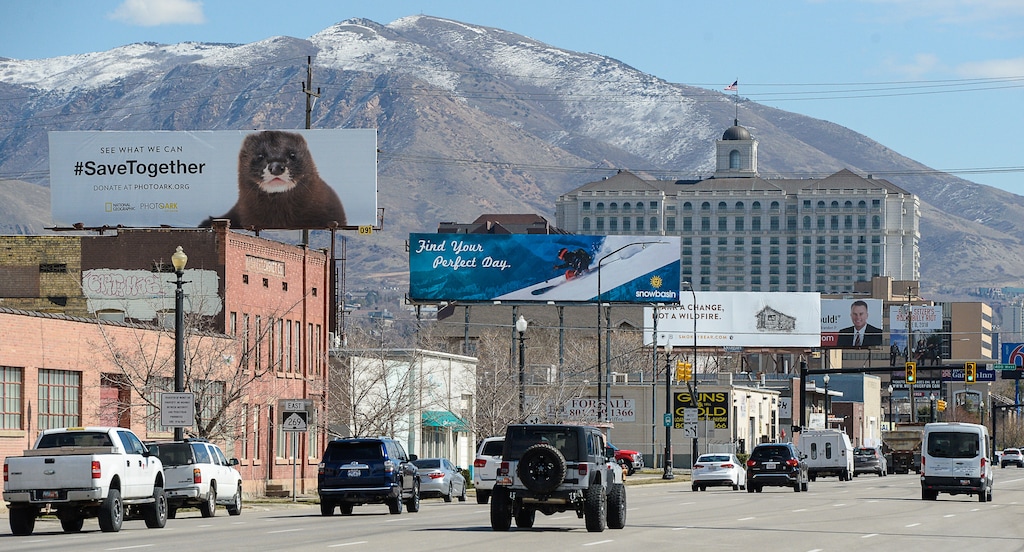 (Francisco Kjolseth  |  The Salt Lake Tribune)  Billboards are stacked along the 600 South offramp from I-15 in Salt Lake City on Tuesday, March 13, 2018.