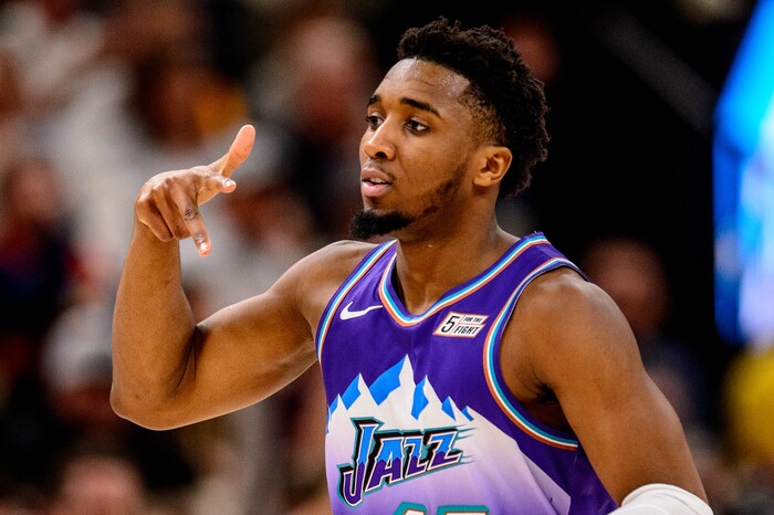 (Trent Nelson  |  The Salt Lake Tribune) Utah Jazz guard Donovan Mitchell (45) celebrates a three-pointer as the Utah Jazz host the Portland Trail Blazers, NBA basketball in Salt Lake City on Thursday, Dec. 26, 2019.