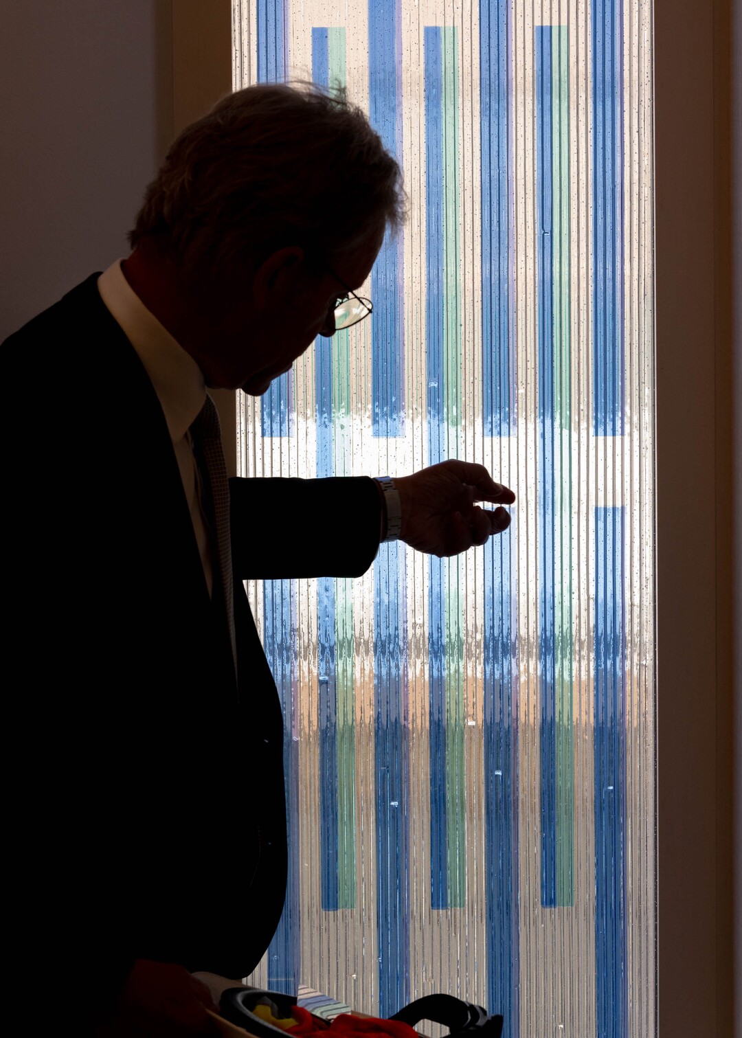 (Francisco Kjolseth | The Salt Lake Tribune) Matt Baldwin, director of real estate development for City Creek, points out the process of laminating and fusing together 100,000 pieces of glass that were incorporated into the main chapel at 95 State, the new meetinghouse of The Church of Jesus Christ of Latter-day Saints on Friday, April 8, 2022. 
