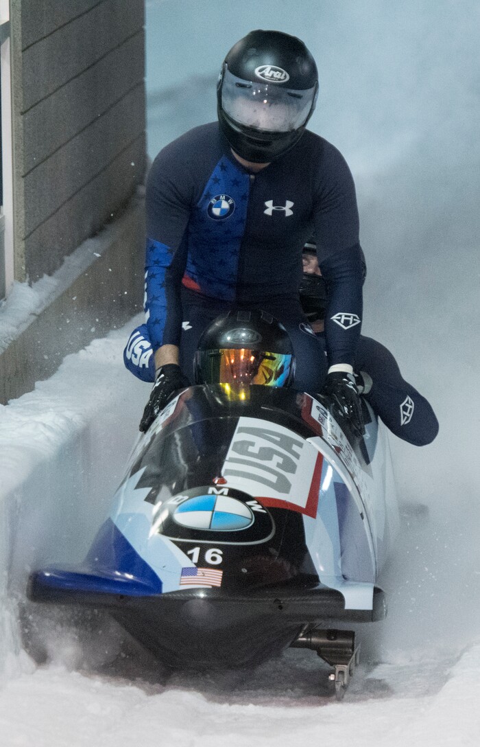 (Rick Egan  |  The Salt Lake Tribune)   The  Codie Bascue, USA 4-man Bobsleigh glides to a stop, on their final run, in second place, behind Germany, in the BMW IBSF World Cup 4-Man Bobsleigh competition, in Park City, Saturday, November 18, 2017.