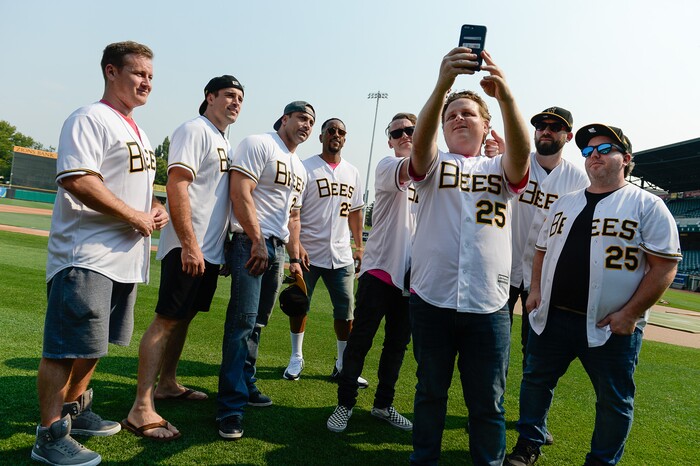 (Francisco Kjolseth  |  The Salt Lake Tribune)  The Salt Lake Bees celebrate the 25th anniversary of the Utah-filmed "The Sandlot" with members of the original cast at the Smith's Ballpark on Friday, Aug. 10, 2018. Gathering for a selfie video are Smalls (Tom Guiry), Phillips (Wil Horneff), Yeah-Yeah (Marty York), DeNunez (Brandon Quintin Adam), Timmy (Victor DiMattia), Ham (Patrick Renna), Bertram (Grant Gelt) and Tommy (Shane Obedzinski), from left. 