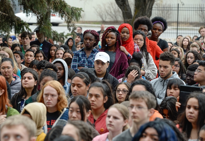 (Francisco Kjolseth  |  The Salt Lake Tribune)  West High School students walk out of classes in Salt Lake, during a student walkout on Wed. March 14, 2018. Students in Utah and around the country planned the large-scale coordinated demonstration to protest gun violence and memorialize victims of last month's mass shooting at Marjory Stoneman Douglas High School in Parkland, Fla.