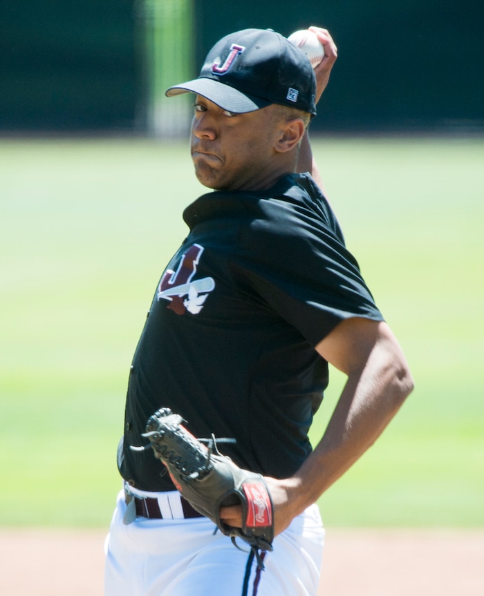 (Rick Egan  |  The Salt Lake Tribune)   Gage Edwards pitches for Jordan, in the 5A state baseball championship game, at UVU in Orem, Friday, May 25, 2018.