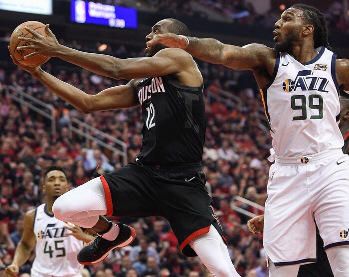 Houston Rockets forward Luc Mbah a Moute, left, drives to the basket as Utah Jazz forward Jae Crowder defends during the first half in Game 5 of an NBA basketball second-round playoff series, Tuesday, May 8, 2018, in Houston. (AP Photo/Eric Christian Smith)