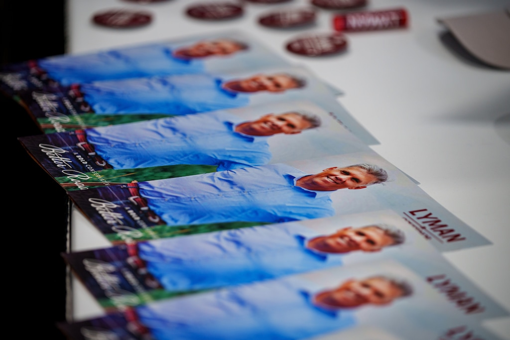 (Trent Nelson | The Salt Lake Tribune) Phil Lyman campaign materials at the Utah Republican Nominating Convention in Salt Lake City on Saturday, April 27, 2024.